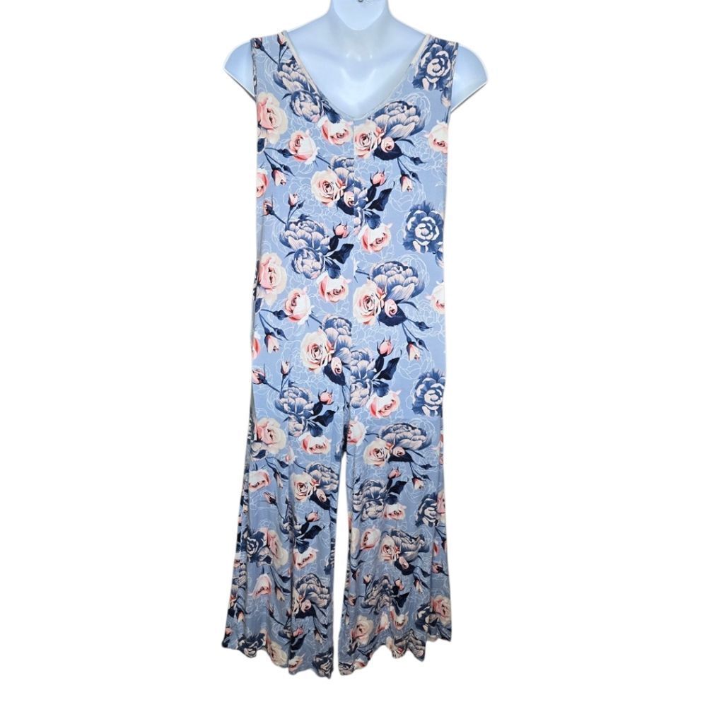 LULAROE floral baby blue Natalie‎ sleeveless wide leg jumpsuit M - Picture 3 of 15